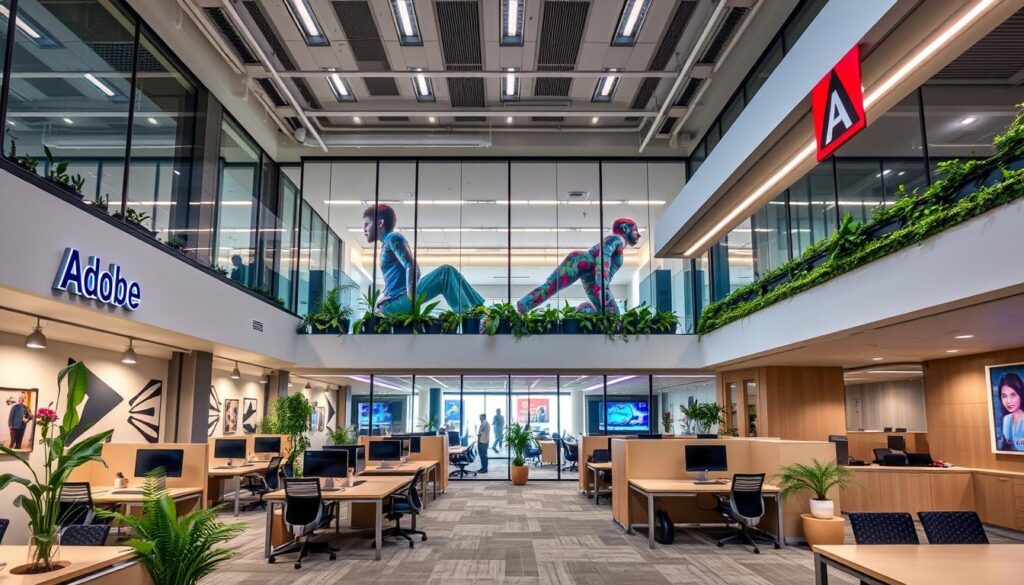 Adobe's Bangalore office showing creative workspace and modern facilities Adobe's Bangalore office showing creative workspace and modern facilities