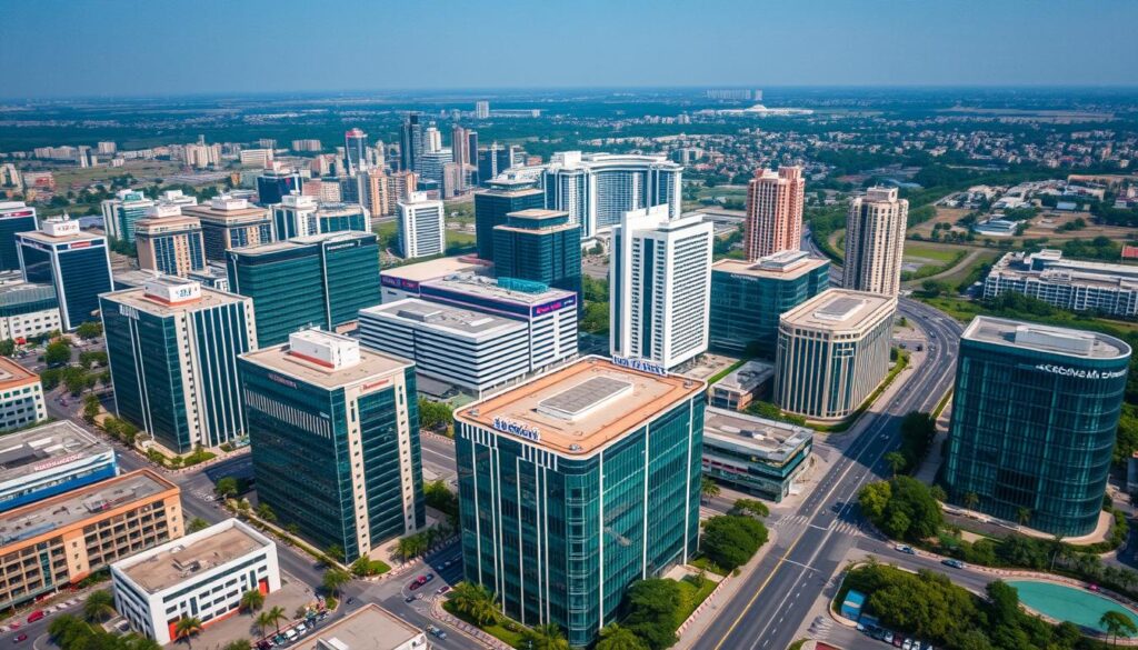 Aerial view of Bangalore tech park with multiple IT company offices Aerial view of Bangalore tech park with multiple IT company offices