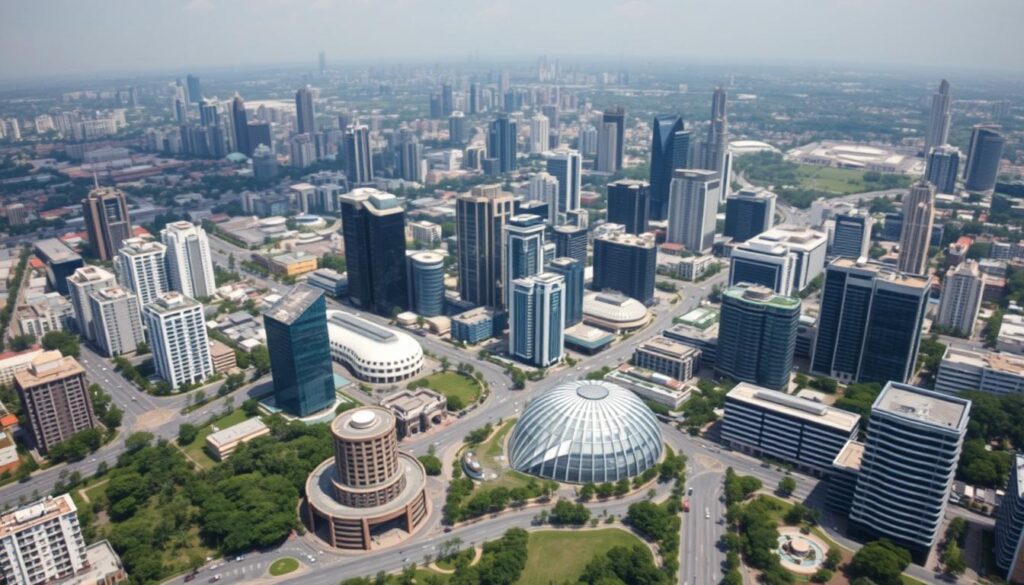 Aerial view of Bangalore's tech corridor showing major tech parks and company headquarters Aerial view of Bangalore's tech corridor showing major tech parks and company headquarters