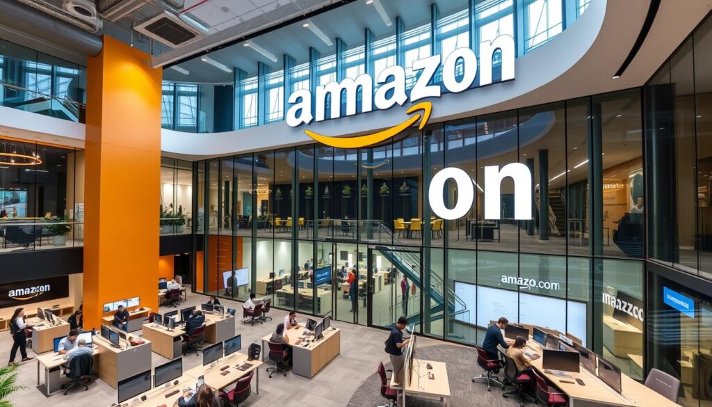 Amazon's Bangalore office showing modern workspace with Amazon branding Amazon's Bangalore office showing modern workspace with Amazon branding