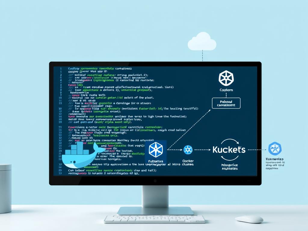 Go programming interface with cloud infrastructure diagrams and containerization elements