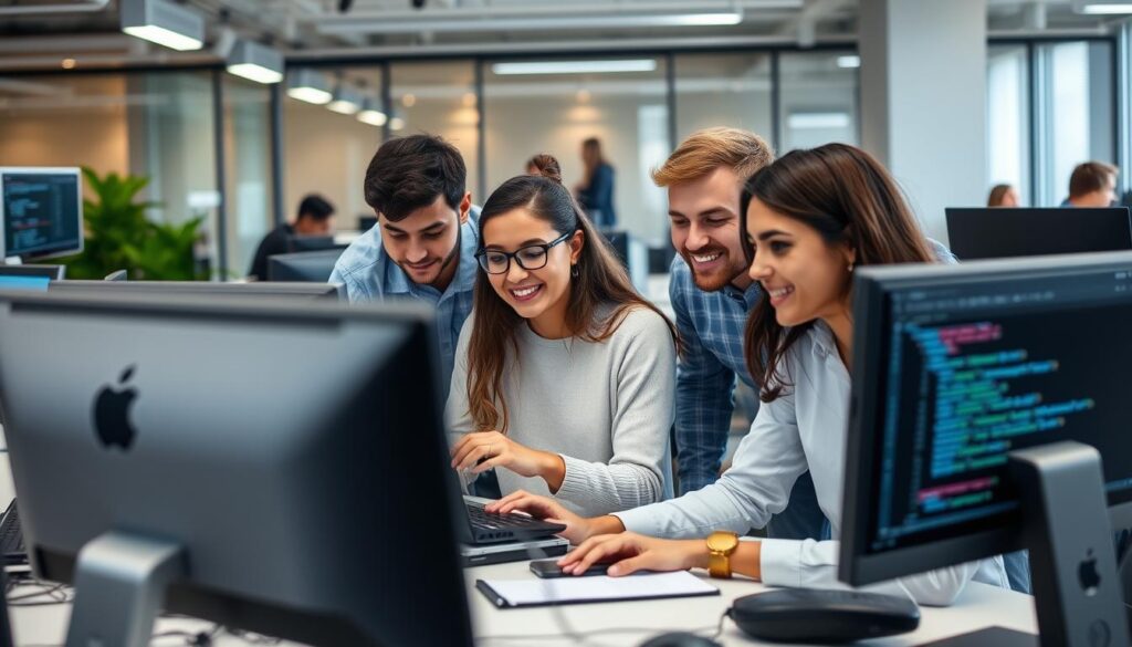 Interns working alongside full-time employees in a product company environment Interns working alongside full-time employees in a product company environment