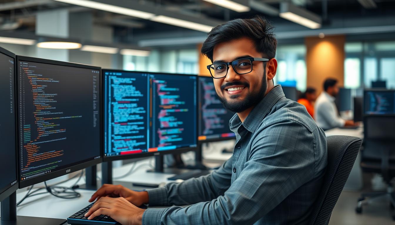 JavaScript Developer working in a modern Indian tech office with multiple monitors displaying code