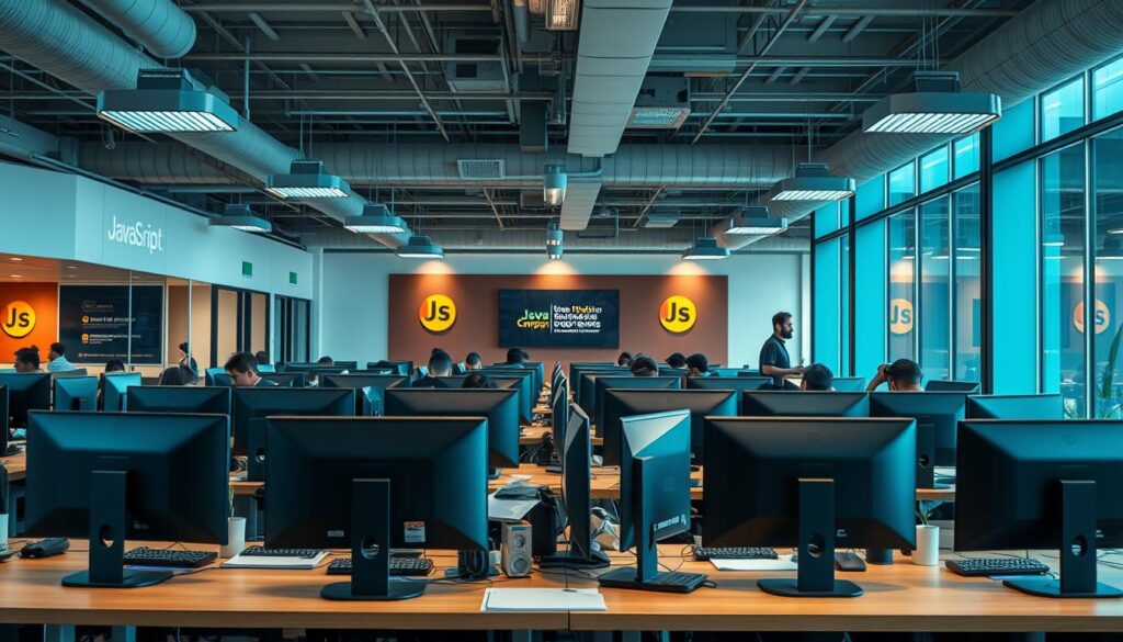 JavaScript developers working at a major tech company campus in India JavaScript developers working at a major tech company campus in India
