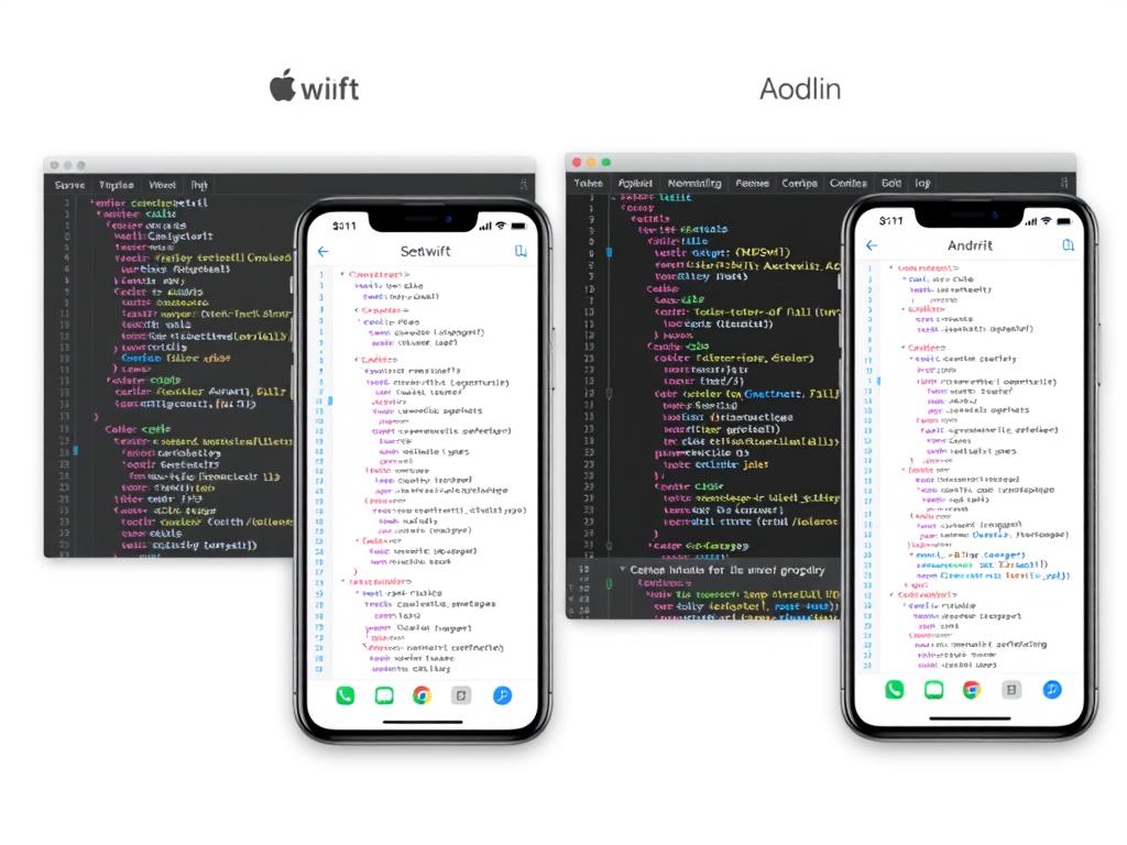 Mobile app development showing Swift and Kotlin code with iOS and Android interfaces