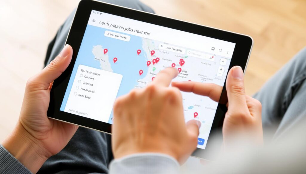 Person using geo-targeting features on job portal to find Jobs for Freshers Near Me Person using geo-targeting features on job portal to find Jobs for Freshers Near Me