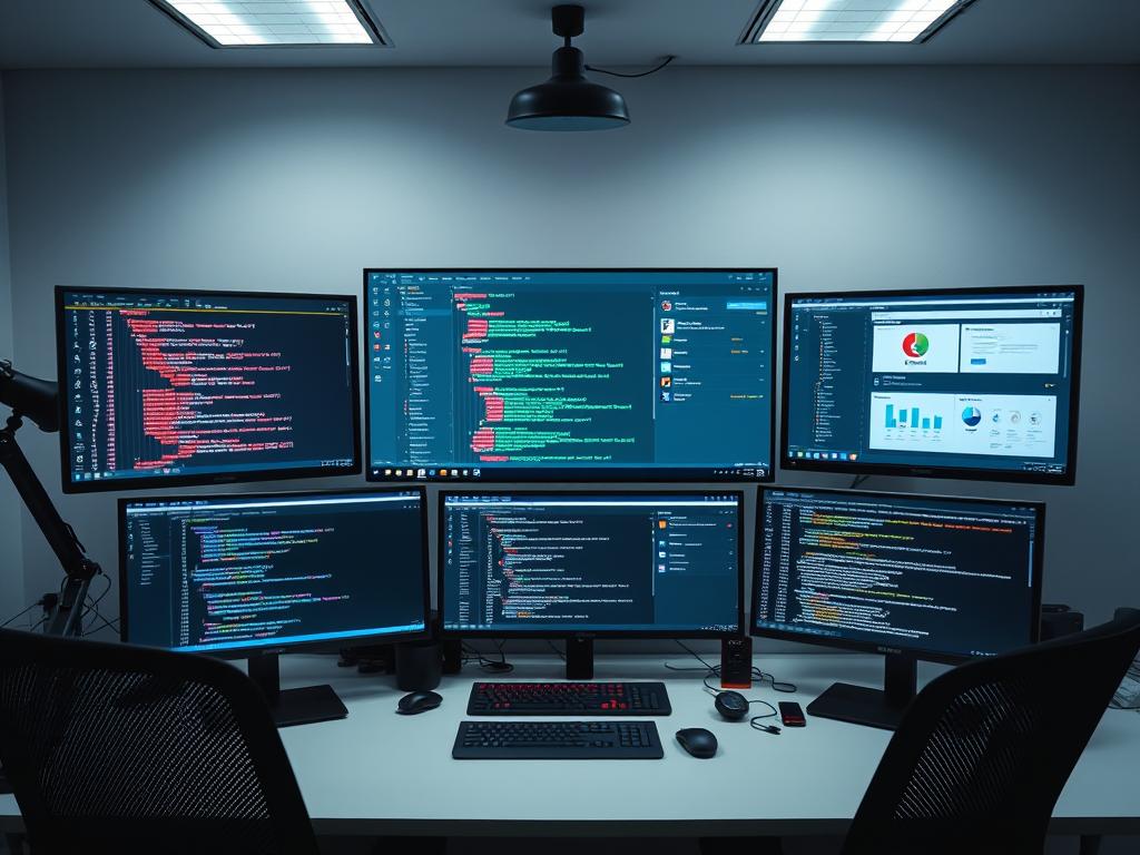 Professional developer working on multiple screens showing code, GitHub portfolio, and collaboration tools