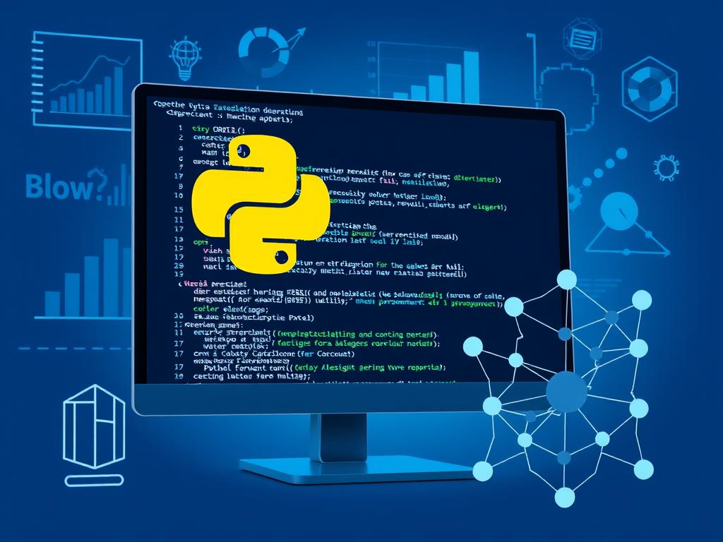 Python code on a computer screen with data visualization elements representing its use in AI and data science
