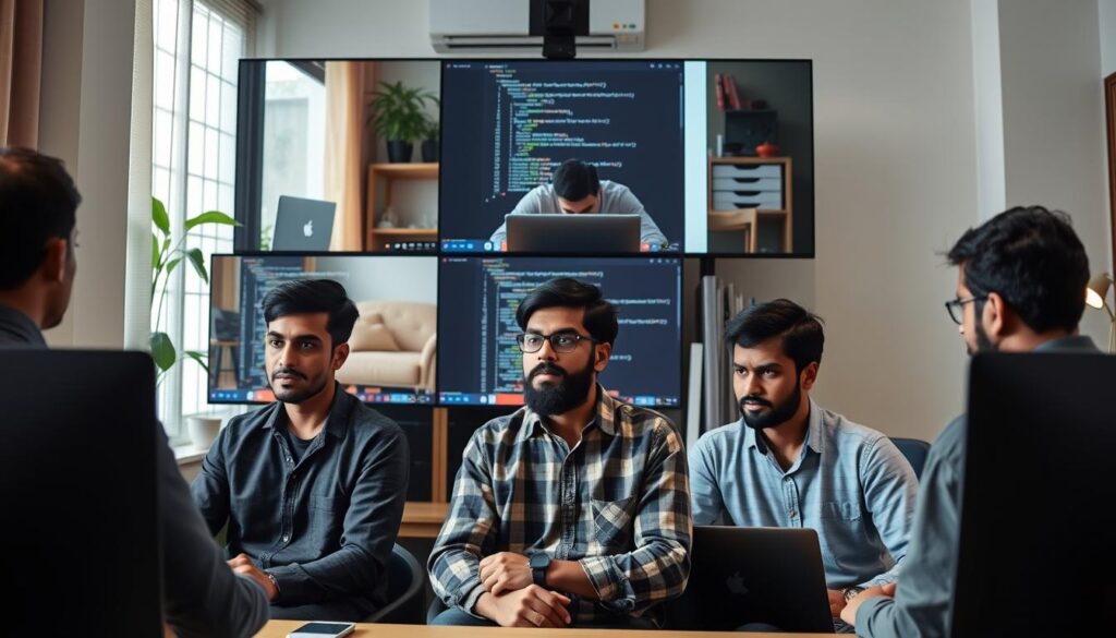 Remote JavaScript developers collaborating virtually from different locations in India Remote JavaScript developers collaborating virtually from different locations in India
