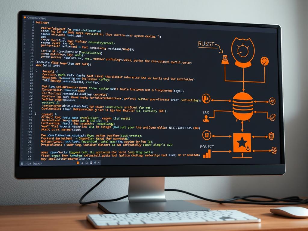 Rust programming code on screen with system architecture diagrams showing memory safety features