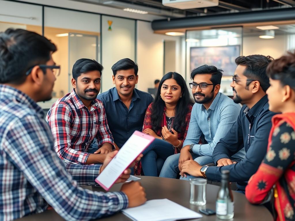 Software developers collaborating in a team meeting, demonstrating soft skills Software developers collaborating in a team meeting, demonstrating soft skills
