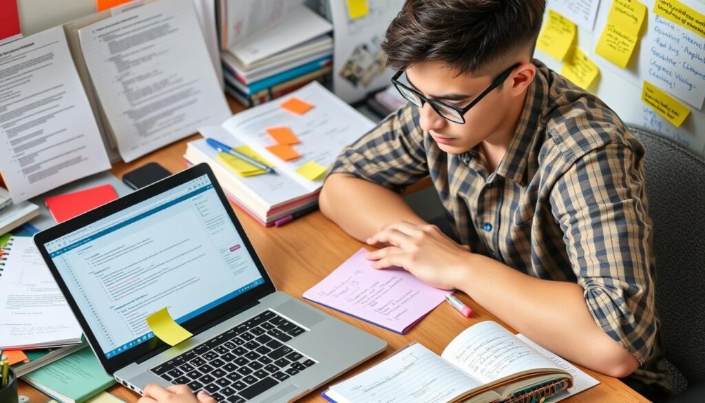 Student preparing for technical interviews with books, laptop, and notes Student preparing for technical interviews with books, laptop, and notes