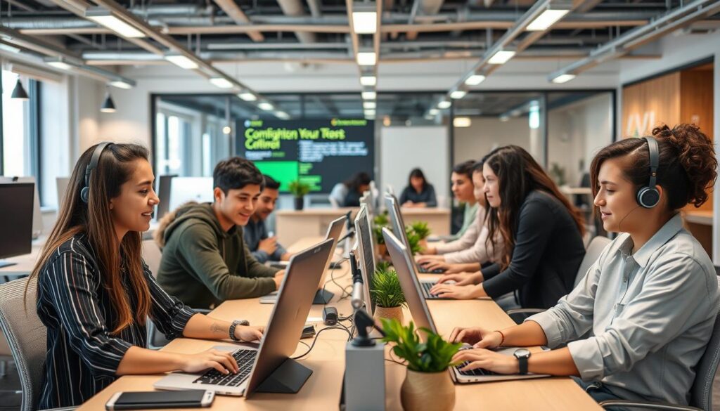 Young professionals in various tech roles working in a modern office environment Young professionals in various tech roles working in a modern office environment