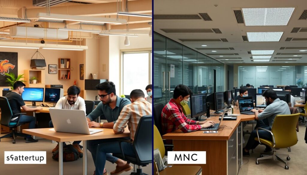 Comparison of startup and MNC work environments for Python developers in India