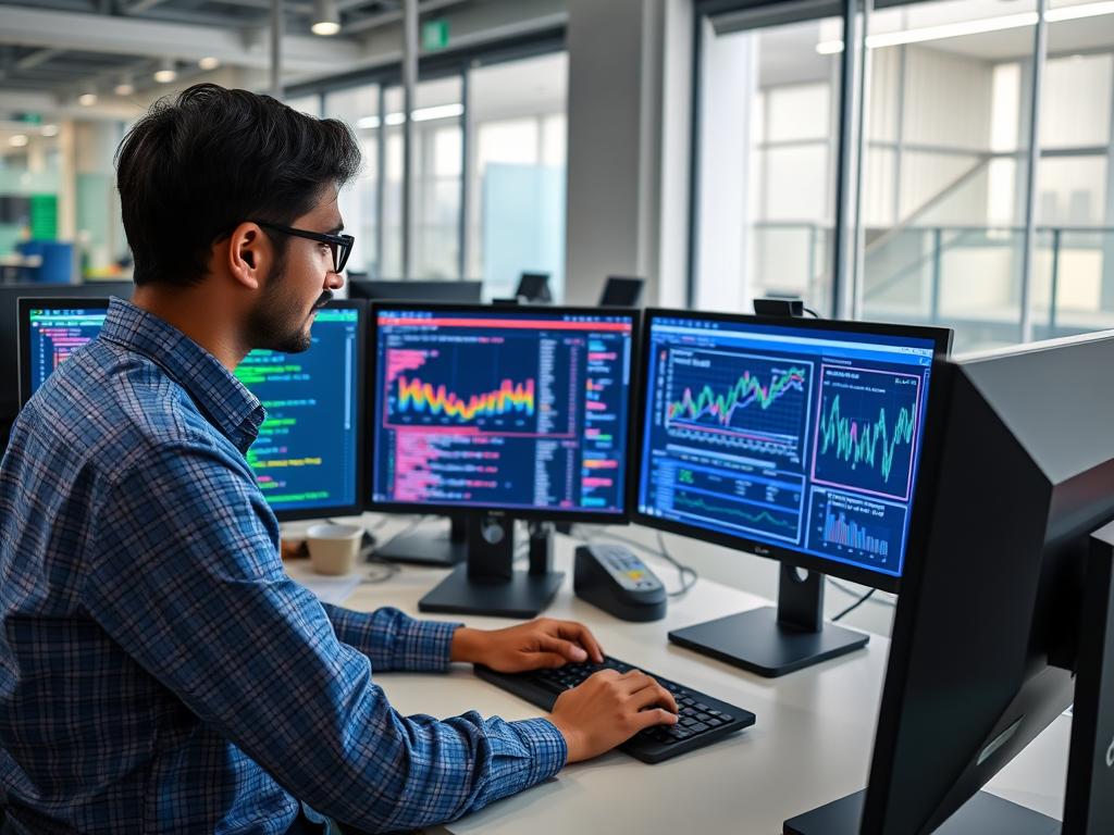 Data Scientist analyzing Python code and data visualizations on multiple screens